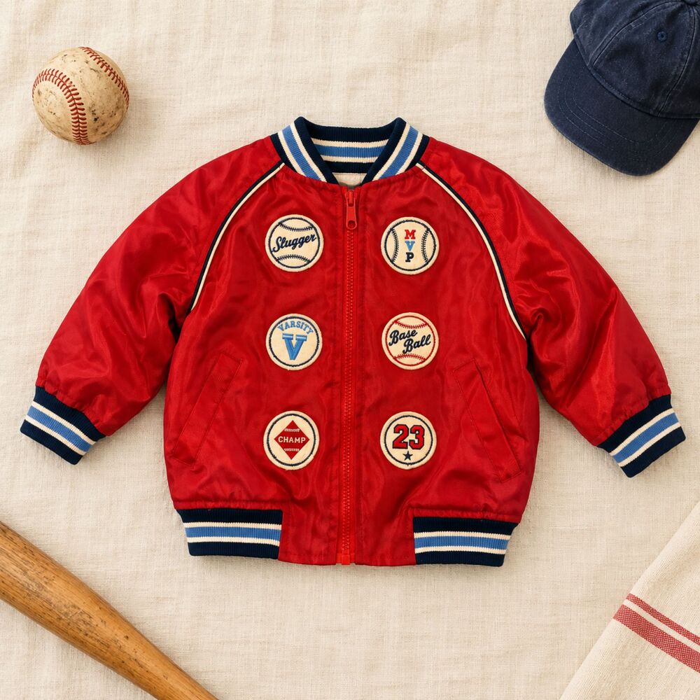 Retro Red Satin Baseball Patch Bomber Jacket Baby 12M